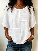 🔥 CLEARANCE SALE🔥 Women's Textured Patchwork Top with Round Neck and Short Sleeves
